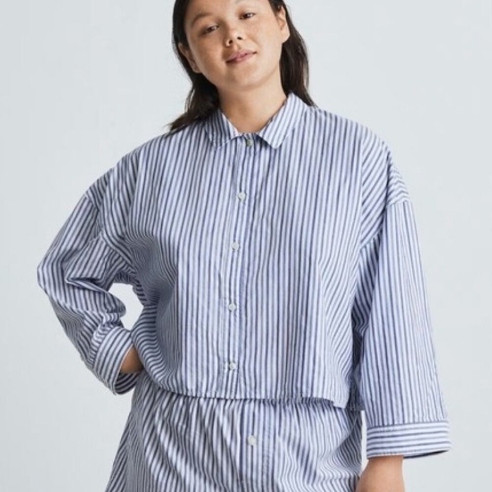 NWT Everlane The Woven PJ Button Down Crop Top Blue White Stripe Cotton Medium - Picture 2 of 16